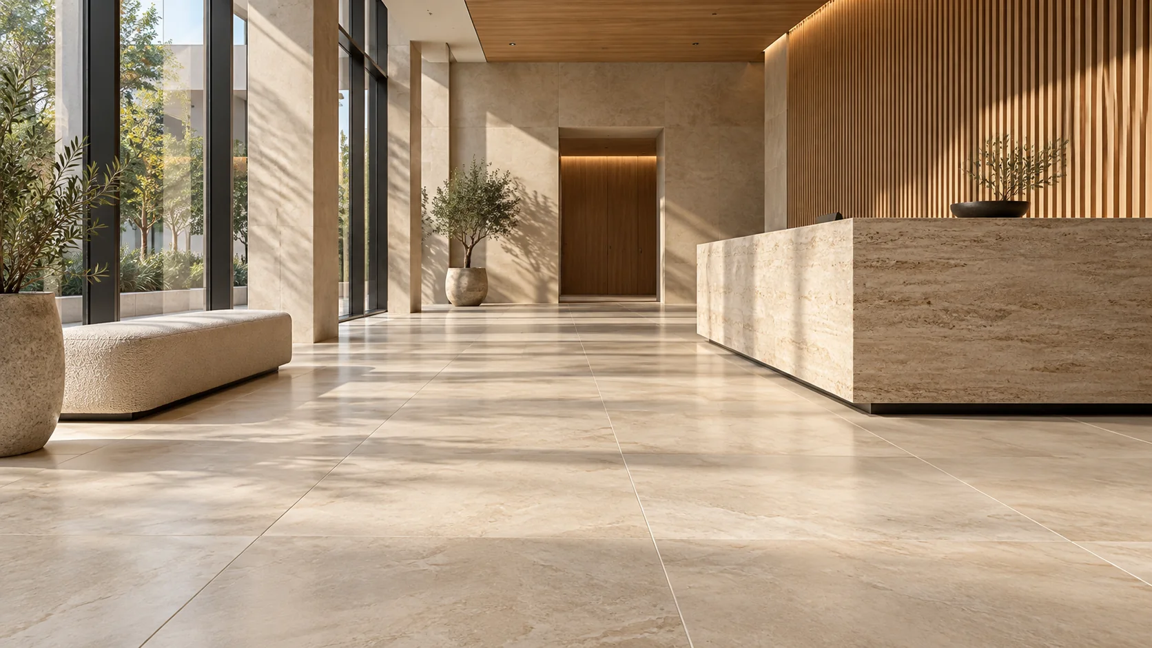 Architectural concept showing large-format tile in a commercial lobby