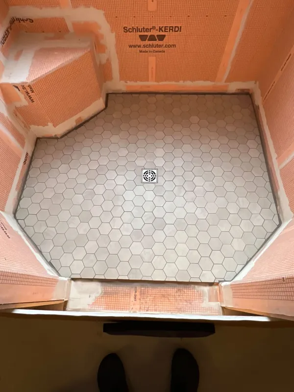 Shower floor tile during installation